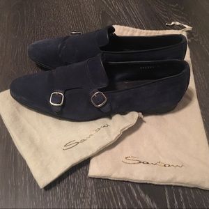 Santoni suede low vamp double monk shoes